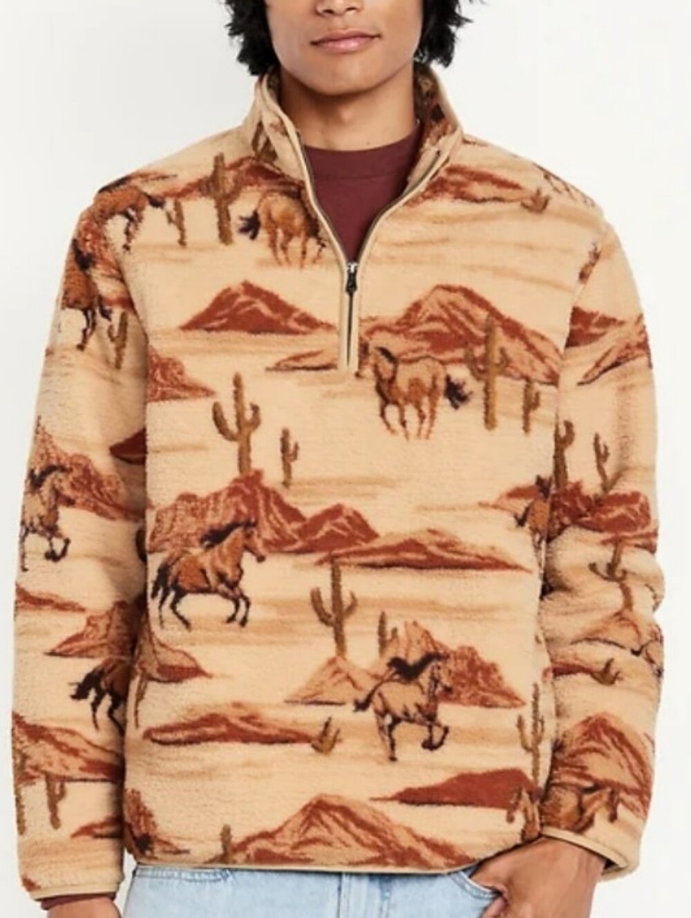 NWT Old Navy Men's Horses Pattern Fleece Pullover Sweater Beige Brown